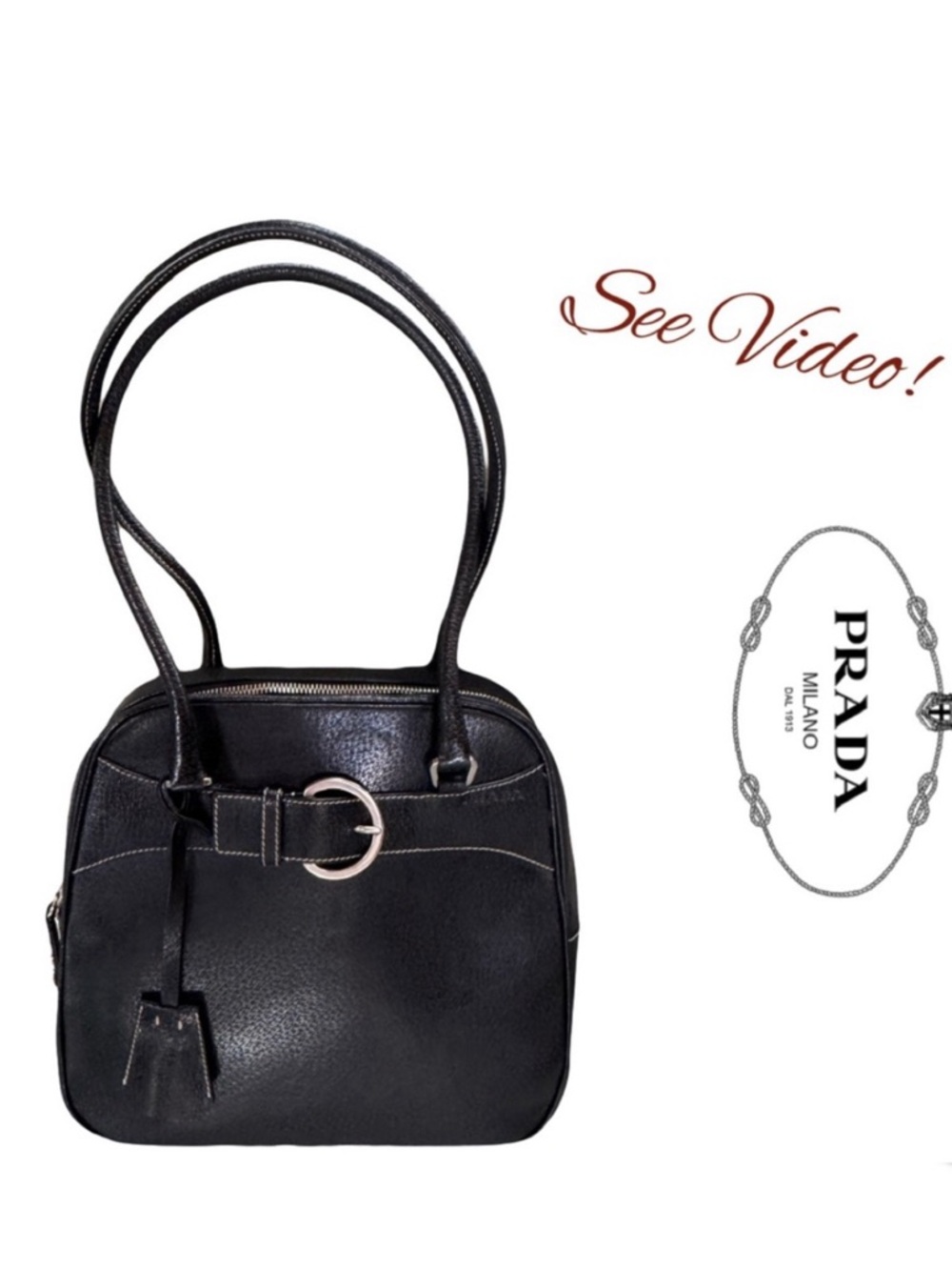 RARE!! 💎Prada Cinghiale Fibbi Shoulder Bag Bowler Black w/ Whipstitch EUC w/ COA